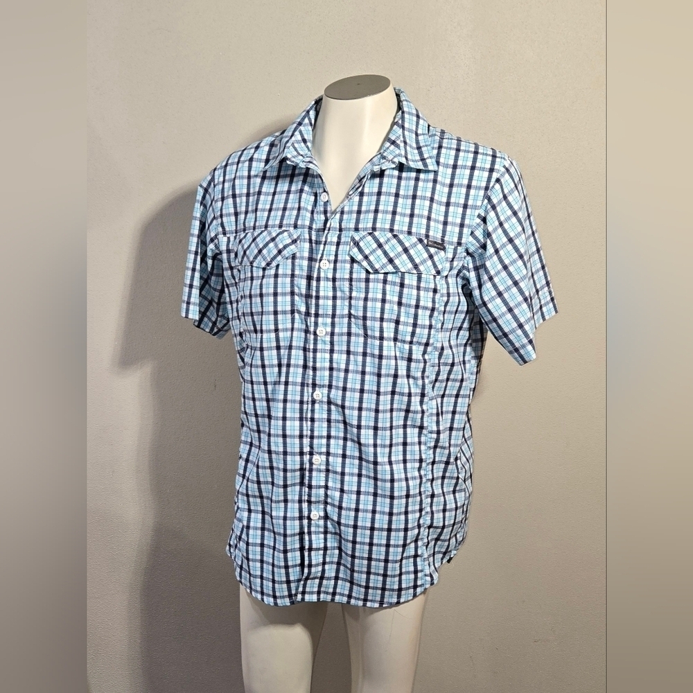 Columbia Shirt Mens Med Blue Plaid Outdoor Pockets Short Sleeve Button Up